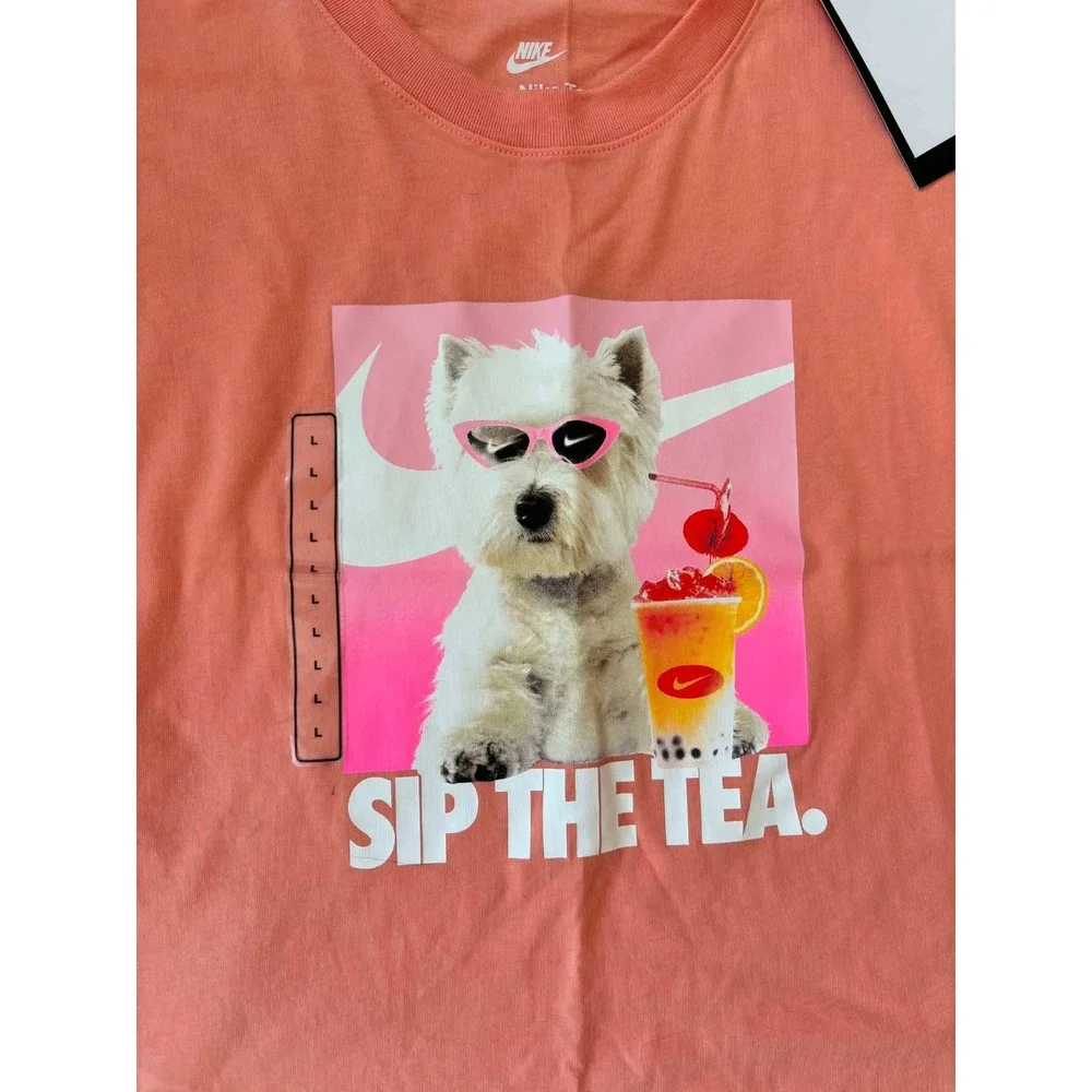 Nike Girls Sip The Tea T-Shirt‎ Peach Westie Dog Short Sleeve Size Large